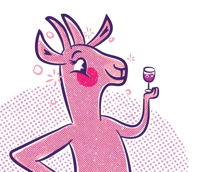 A playfully illustrated pink goat, in a mid-century style, holding a glass of wine