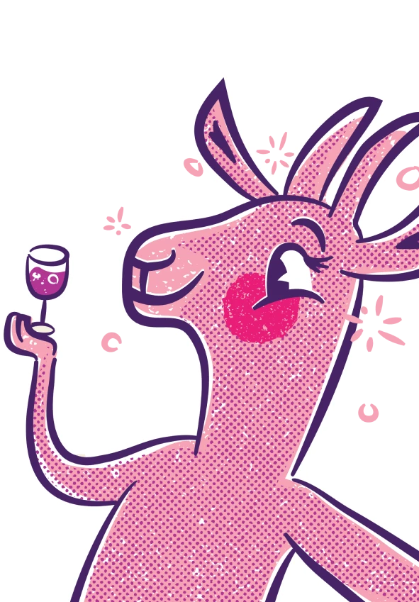 A playfully illustrated pink goat, in a mid-century style, holding a glass of wine