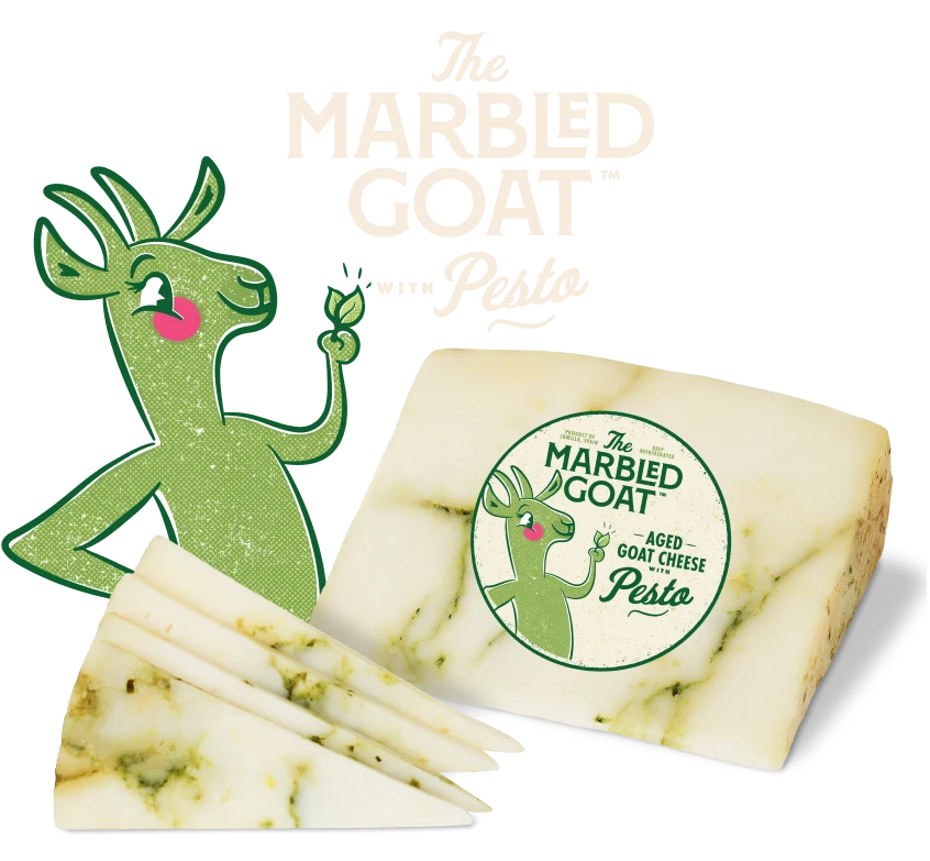 A block of The Marbled Goat, an aged goat cheese with pesto