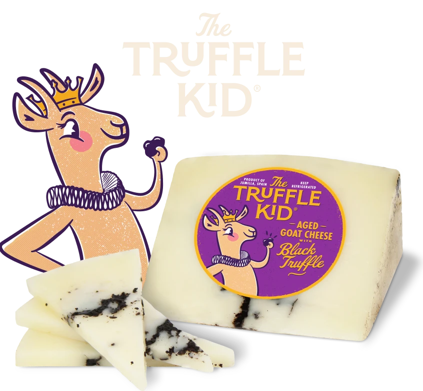 A block of The Truffle Kid, aged goat cheese with black truffle