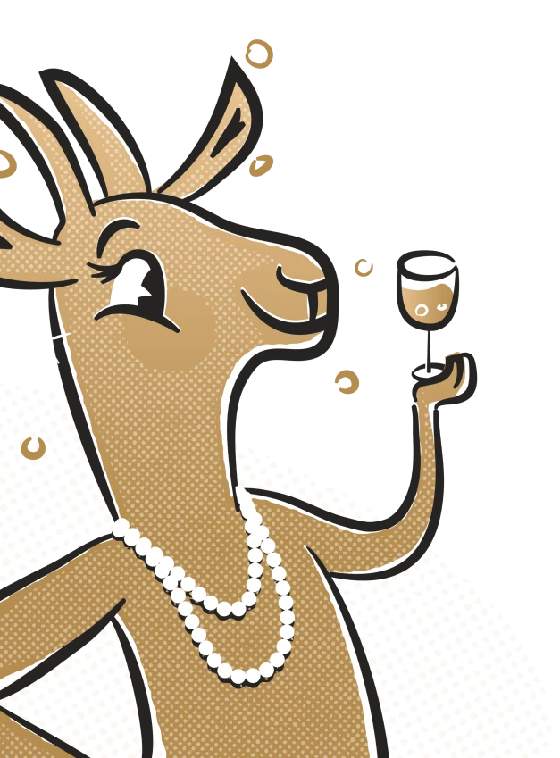 A sophisticated and playfully illustrated gold goat wearing a pearl necklace and holding a glass of wine